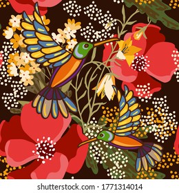 Seamless pattern with humming birds, tropical flowers, leaves. Summer background texture. Wallpaper, fabric design