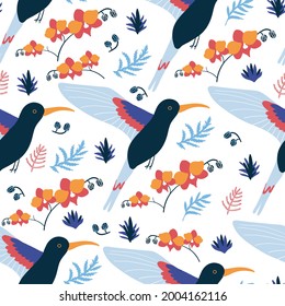 Caricatura de pájaro colibrí de patrón sin foco, hoja decorativa, flor de orquídea, ilustración de vector Cute aislada sobre fondo blanco, fondo exótico decorativo, animal salvaje para papel tapiz de diseño