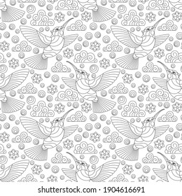 Seamless pattern with Hummingbird birds, clouds and flowers, contour birds on a white background