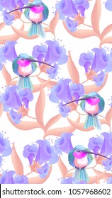 Seamless pattern with hummingbird. Birds sits on lily flowers.