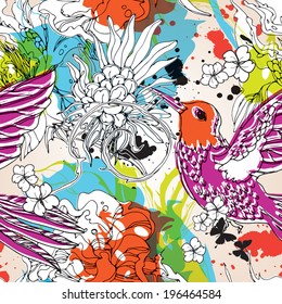 Seamless pattern with humming-bird, flowers and butterflies eps10