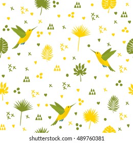 Seamless pattern with hummingbird and leaves. Cute background with decorative elements. Vector illustration