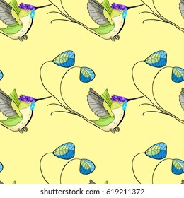 seamless pattern Hummingbird rocket tail in flight  on yellow Vector illustration
