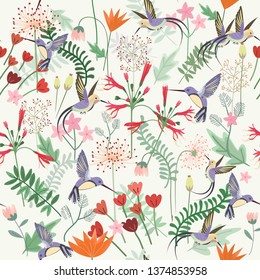 seamless pattern hummingbird in sweet flower garden,illustration vector doodle comic art.