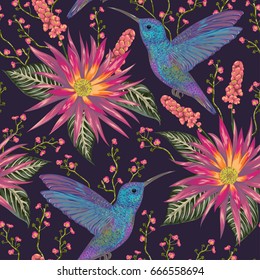 Seamless pattern with hummingbird, tropical flowers,berries and leaves. Exotic flora and fauna. Vintage hand drawn vector illustration in watercolor style