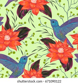 Seamless pattern with hummingbird, tropical flowers,berries and leaves. Exotic flora and fauna. Vintage hand drawn vector illustration in watercolor style