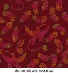 Seamless pattern with hummingbirds and feathers contour drawings on a red background