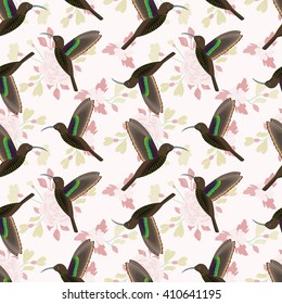 Seamless pattern with hummingbirds and flowers.