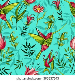 Seamless pattern with hummingbirds and flowers on a bright background. Hand drawn. Vector illustration