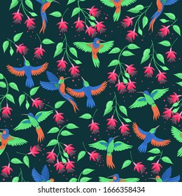 Seamless pattern with hummingbirds and flowers. Vector graphics