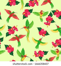 Seamless pattern with hummingbirds and flowers. Vector graphics