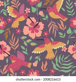 Seamless pattern with hummingbirds and hibiscus. Vector graphics.