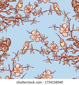 Seamless pattern of hummingbirds on blooming cherry branches