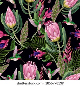 Seamless pattern with hummingbirds, protea and tropical flowers. Trendy vector print.