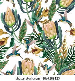 Seamless pattern with hummingbirds, protea and tropical flowers. Trendy vector print