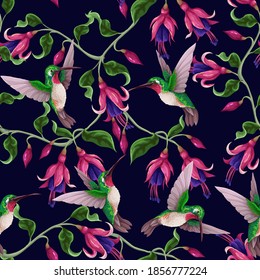 Seamless pattern with hummingbirds and tropical flowers. Trendy vector print