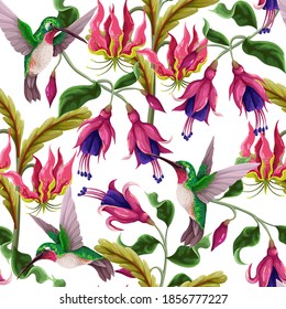 Seamless pattern with hummingbirds and tropical flowers. Trendy vector print