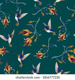 Seamless pattern with hummingbirds and tropical flowers. Trendy vector print