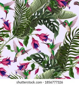 Patrón sin foco con colibríes y flores tropicales. Impresión vectorial de moda