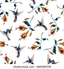 Seamless pattern with hummingbirds and tropical flowers. Trendy vector print