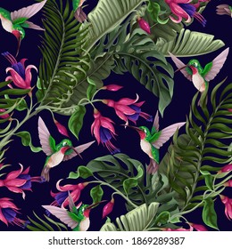 Patrón sin foco con colibríes y flores tropicales. Impresión vectorial de moda