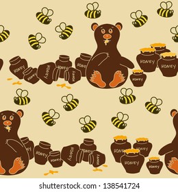 Seamless pattern of humorous cartoon bear eating honey and bees
