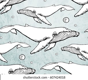  seamless pattern with humpback contour on blue textured background