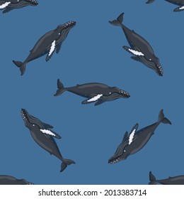 Seamless pattern Humpback whale on blue background. Template of cartoon character of ocean for children. Repeated diagonal texture with marine cetacean. Design for any purposes. Vector illustration.