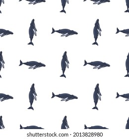 Seamless pattern Humpback whale on white background. Template of cartoon character of ocean for children. Geometric repeated texture with marine cetacean. Design for any purposes. Vector illustration.