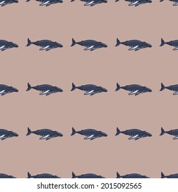 Seamless pattern Humpback whale on brown background. Template of cartoon character of ocean for children. Repeated texture with marine cetacean. Design for any purposes. Vector illustration.