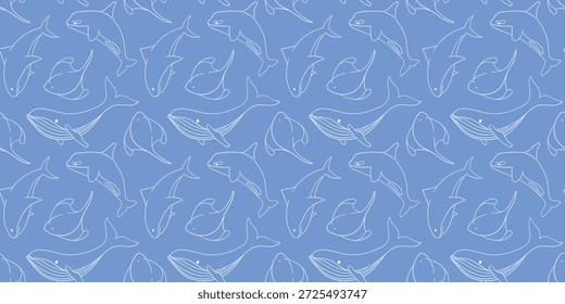 Patrón sin fisuras con ballena jorobada, tiburón, pez raya y ballena asesina sobre fondo azul en estilo de arte de línea. Fondo para el diseño marino y acuático de verano.