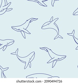 Nahtloses Muster mit Buckelwalen und Wellen minimalistische, einfache Umriss-Vektorhintergrund-Illustration. Contour-Wale auf blauem Hintergrund