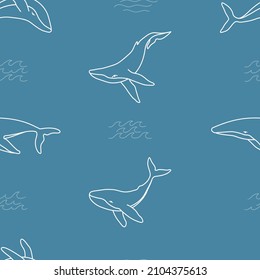 Seamless pattern with humpback whales and waves minimalist simple outline vector background illustration. Contour whale drawing on blue background