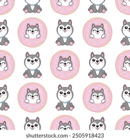 Seamless pattern with husky dogs. For children's design of fabrics, wallpapers, backgrounds, wrapping paper, scrapbooking, etc. Vector illustration