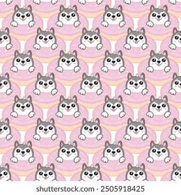 Seamless pattern with husky dogs. For children's design of fabrics, wallpapers, backgrounds, wrapping paper, scrapbooking, etc. Vector illustration