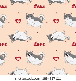 Seamless pattern with husky and hearts. Background for wrapping paper,  greeting cards and seasonal designs. Happy Valentine's day.