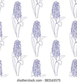 Seamless pattern of hyacinth flowers. Spring flowers seamless texture. Ball pen drawing background. Hyacinth flowers vector background. Element for wrapping, web, wallpapers, textile, design, etc