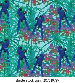Seamless pattern with hyacinth macaws, palm leaves and flowers.