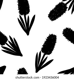 Seamless pattern hyacinths flowers silhouettes. Botanical colourful vector illustration