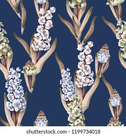 Seamless pattern with hyacinths on blue background.