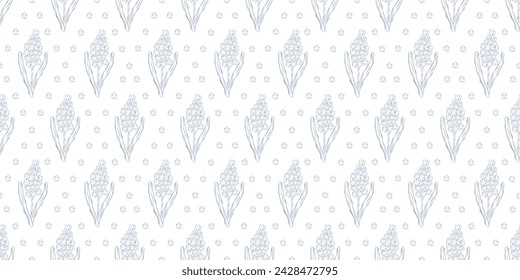 Seamless pattern with hyacinths. Spring background. Packaging design, textiles in retro rustic style. Vector illustration