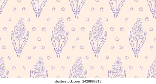 Seamless pattern with hyacinths. Spring background. Packaging design, textiles in retro rustic style. Vector illustration