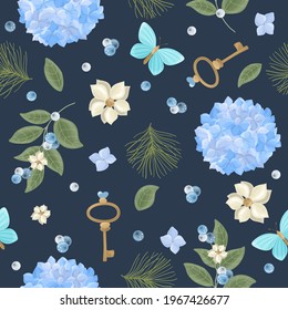 Seamless pattern with a Hydrangea flower on a beautiful background. Vector illustration.