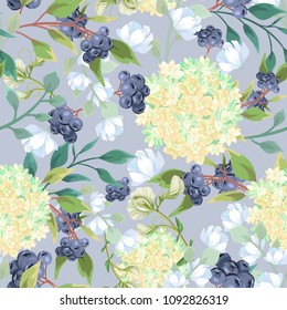 Seamless pattern with Hydrangea flowers and blue berries