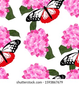 Seamless pattern with  hydrangea flowers and  butterflies.  Background for fabric, textile, print and invitation wedding design. Vector illustration