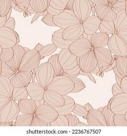 Seamless pattern of hydrangea flowers for fabric design. Luxurious line art of spring flowers. 