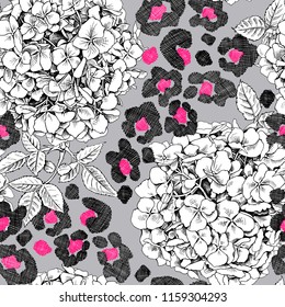Seamless pattern. Hydrangea flowers and leaves on a gray background. Decorative pink blots of leopard skin. Vector illustration.