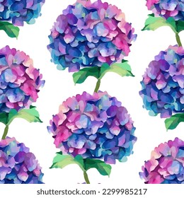 Seamless pattern of hydrangea flowers. Vector stock illustration in watercolor style eps10.