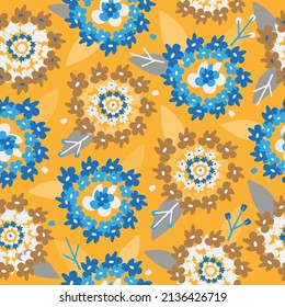 Seamless pattern with hydrangea large-leaved. Ideal for packaging, prints, cards, invitations, clothes, fashion fabrics, home decor. Bright vector pattern in yellow and blue color scheme