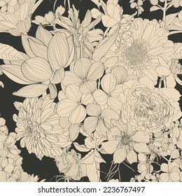 Seamless pattern of hydrangea, lotus, dahlia, roses flowers for fabric design. Luxurious line art of spring flowers. Vector illustration.